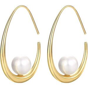 ✨Funfmm Women Gold Plated Lightweight Pearl Trendy Teardrop Hoop Earring Jewelry